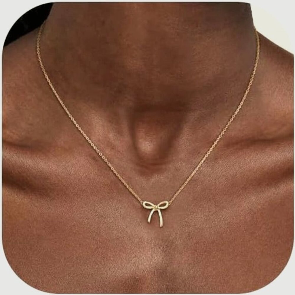 Dainty 14K Gold Necklace For Women Cute Small Tiny Bow Pendant Choker Chain